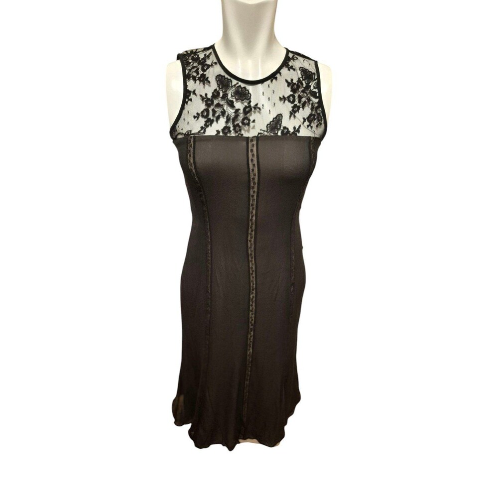 Maggy London VTG 20s Style Silk Chiffon Lace Fit & Flare Midi Dress Black Sz 2/4